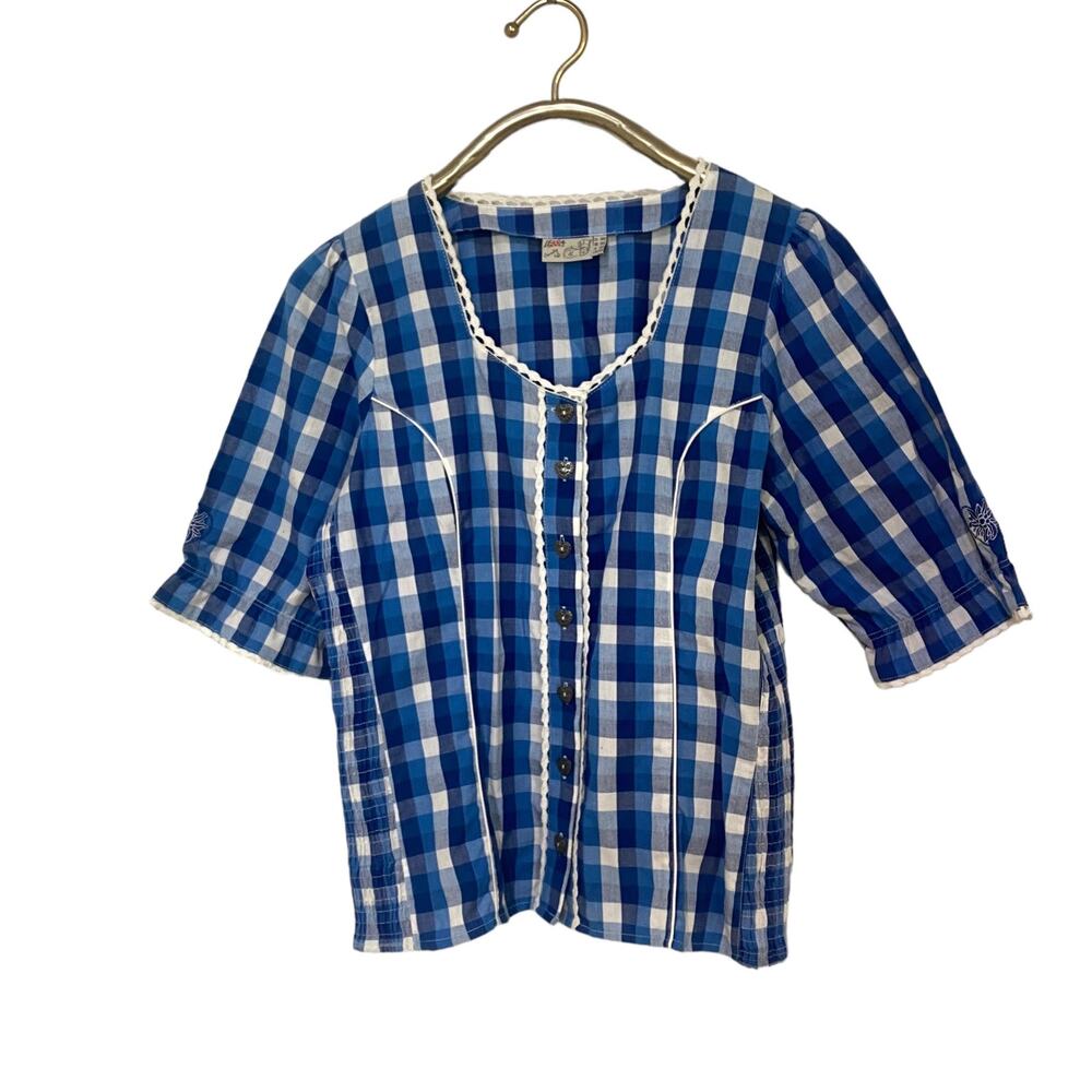 Lekra Country Life Square Dance Blue Gingham Blouse Shirt 40 L
